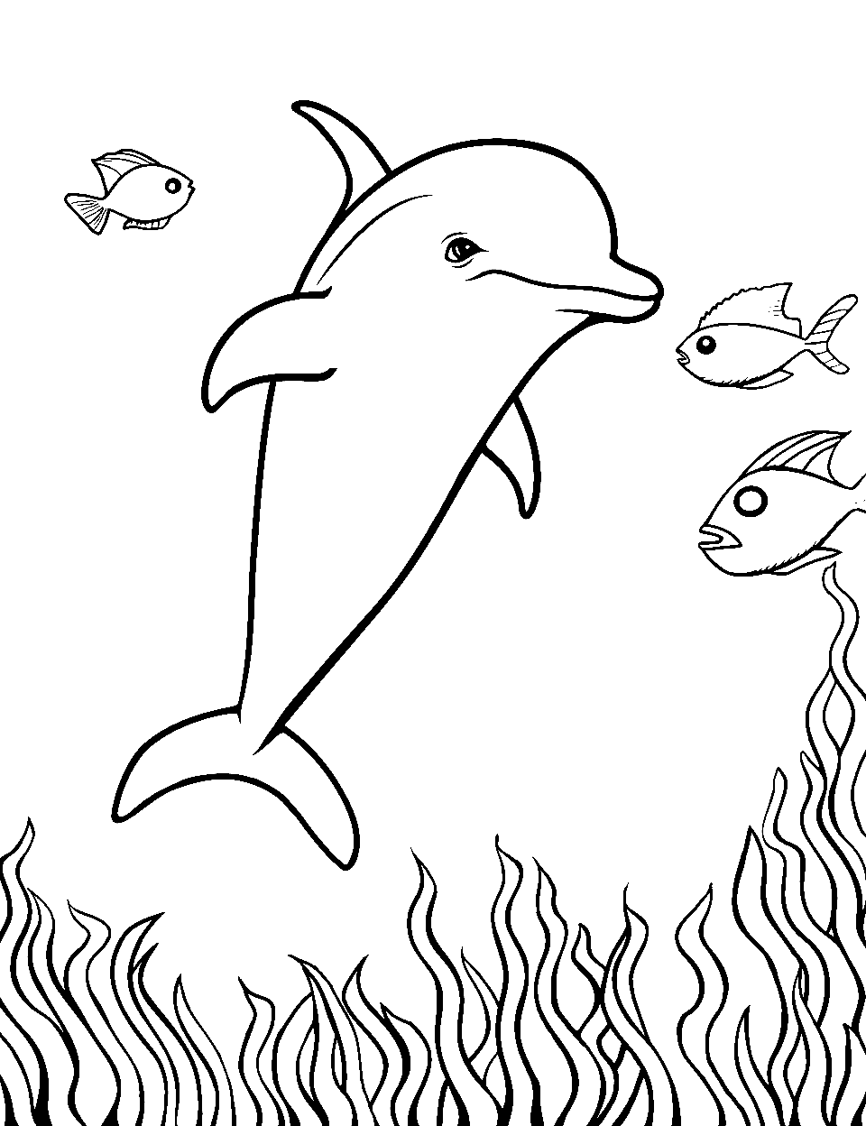 Baby Dolphin's First Swim Dolphin Coloring Page - A baby dolphin ready to explore the vast ocean, with its eyes wide open in wonder and curiosity.