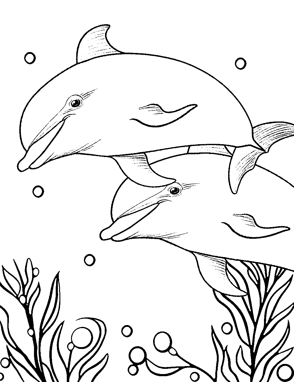 Joyful Dolphin Race Coloring Page - Two dolphins energetically racing through the open, friendly ocean.