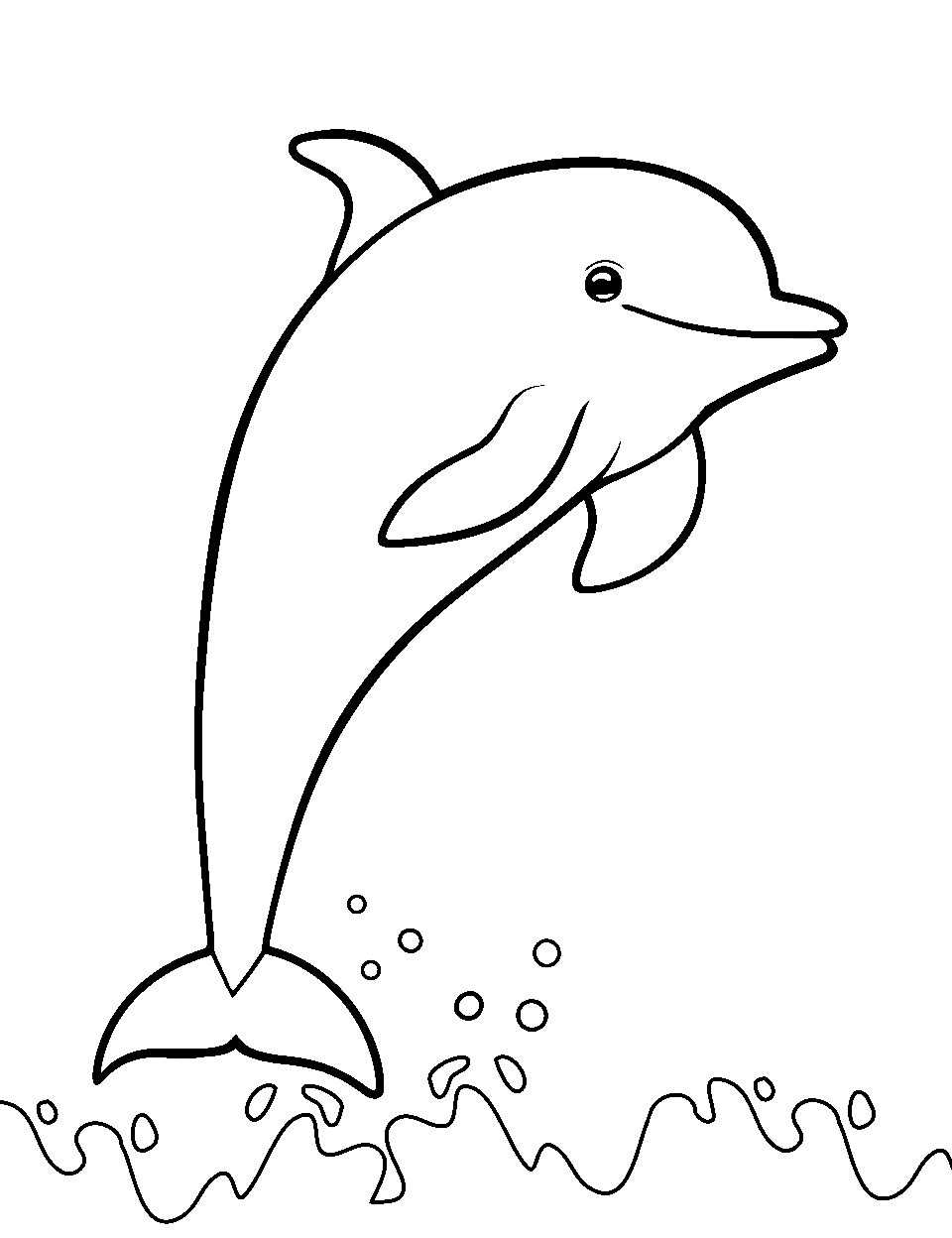 Easy Dolphin for Beginners Coloring Page - A basic, easy-to-color dolphin for beginner colorists, gliding through light, welcoming waves.