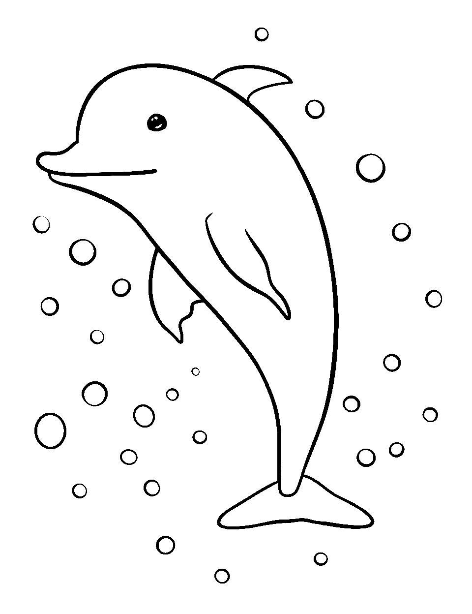 Cute Dolphin with Bubbles Coloring Page - A cute dolphin playfully interacts with gentle, floating bubbles under the calm ocean.