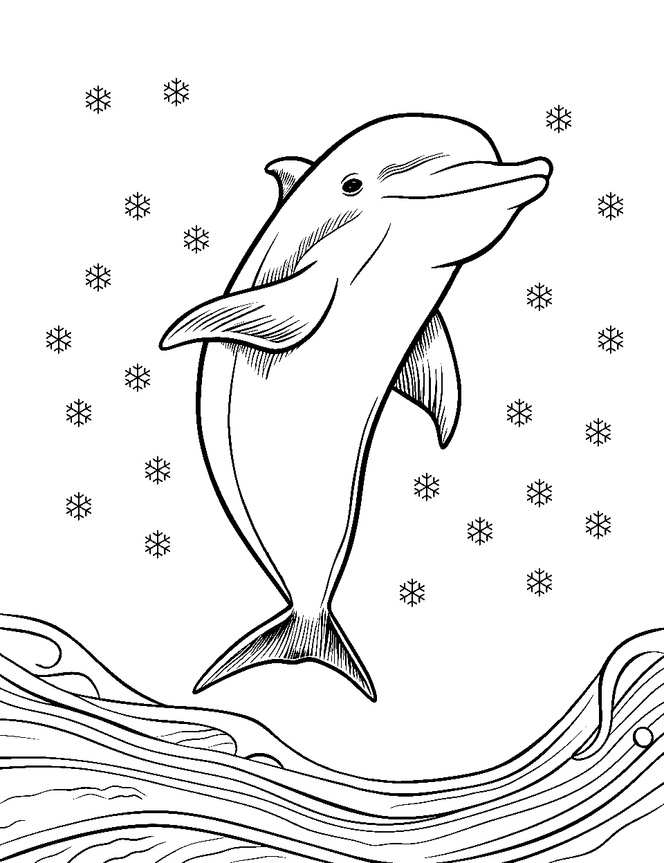 Winter Dolphin Adventure Coloring Page - A dolphin gracefully leaping above icy, glistening ocean waves with snow gently falling.