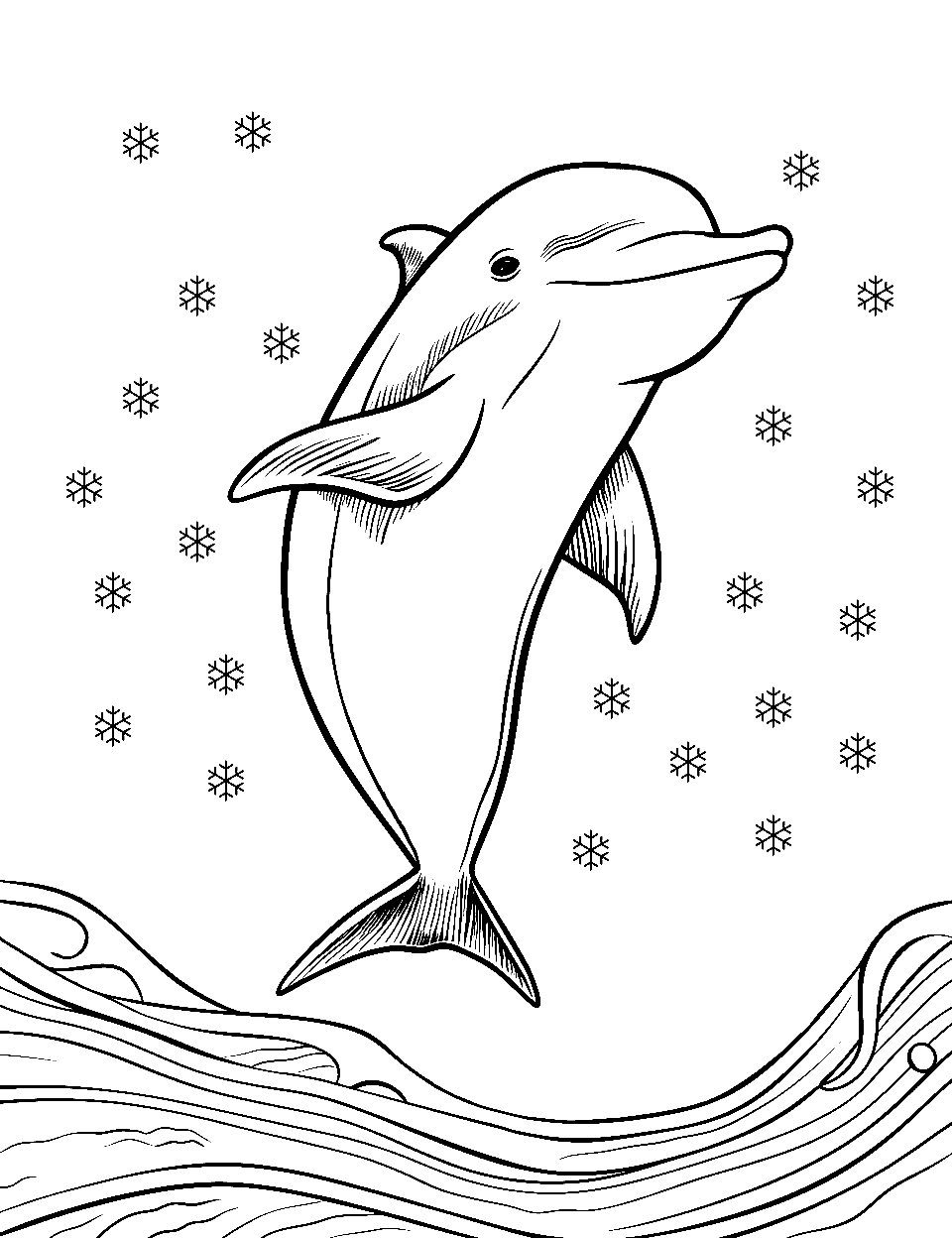 Winter Dolphin Adventure Coloring Page - A dolphin gracefully leaps above icy, glistening ocean waves with snow gently falling.