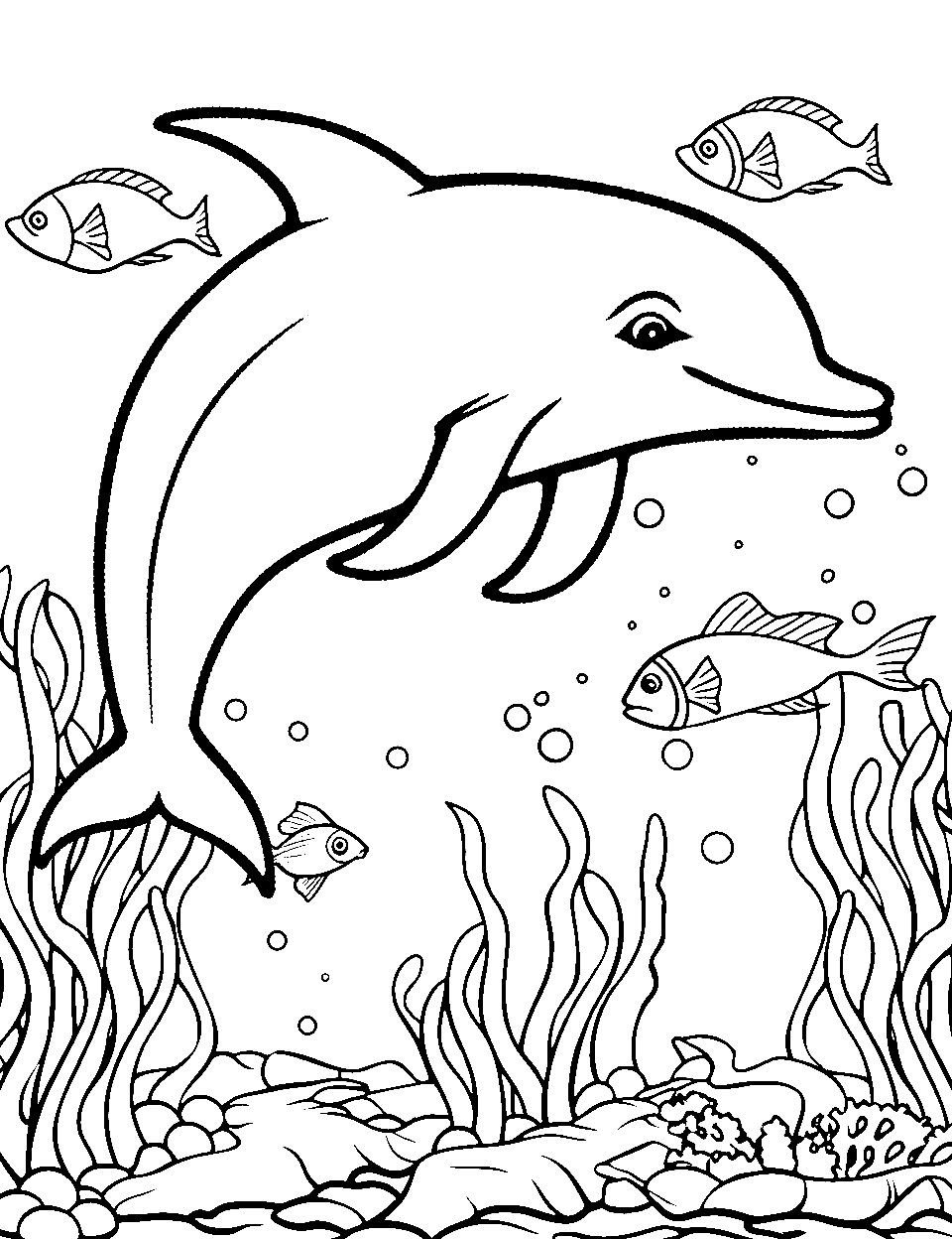 Dolphin and the Coral Reef Coloring Page - A dolphin serenely swimming near a vibrant yet simplistic coral reef.