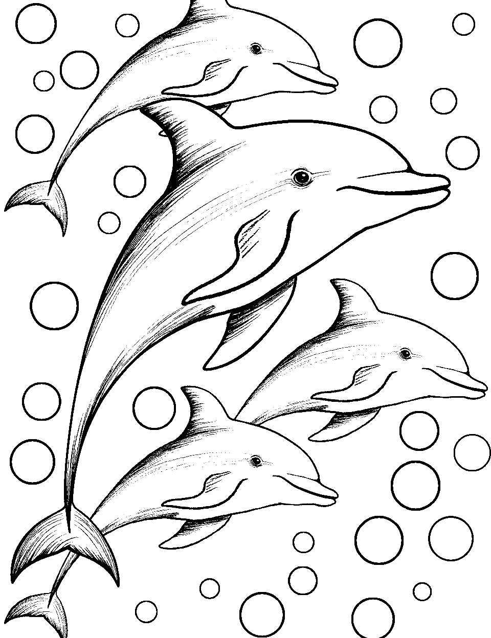 Exploring Dolphin Pod Coloring Page - A pod of dolphins gracefully gliding through the clear, expansive ocean together.