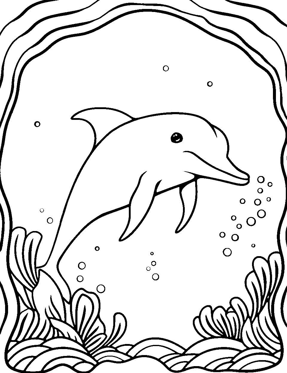 Dolphin Under the Sea Arch Coloring Page - A single dolphin swimming under a naturally formed sea arch providing a tranquil underwater view.