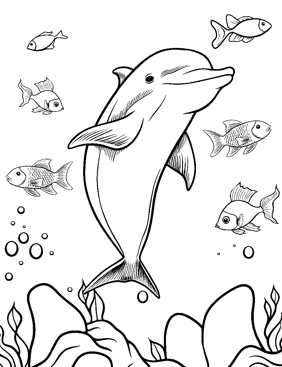 Dolphin Amidst Fishes Coloring Page - A joyful dolphin is navigating a path with fish around the ocean floor.