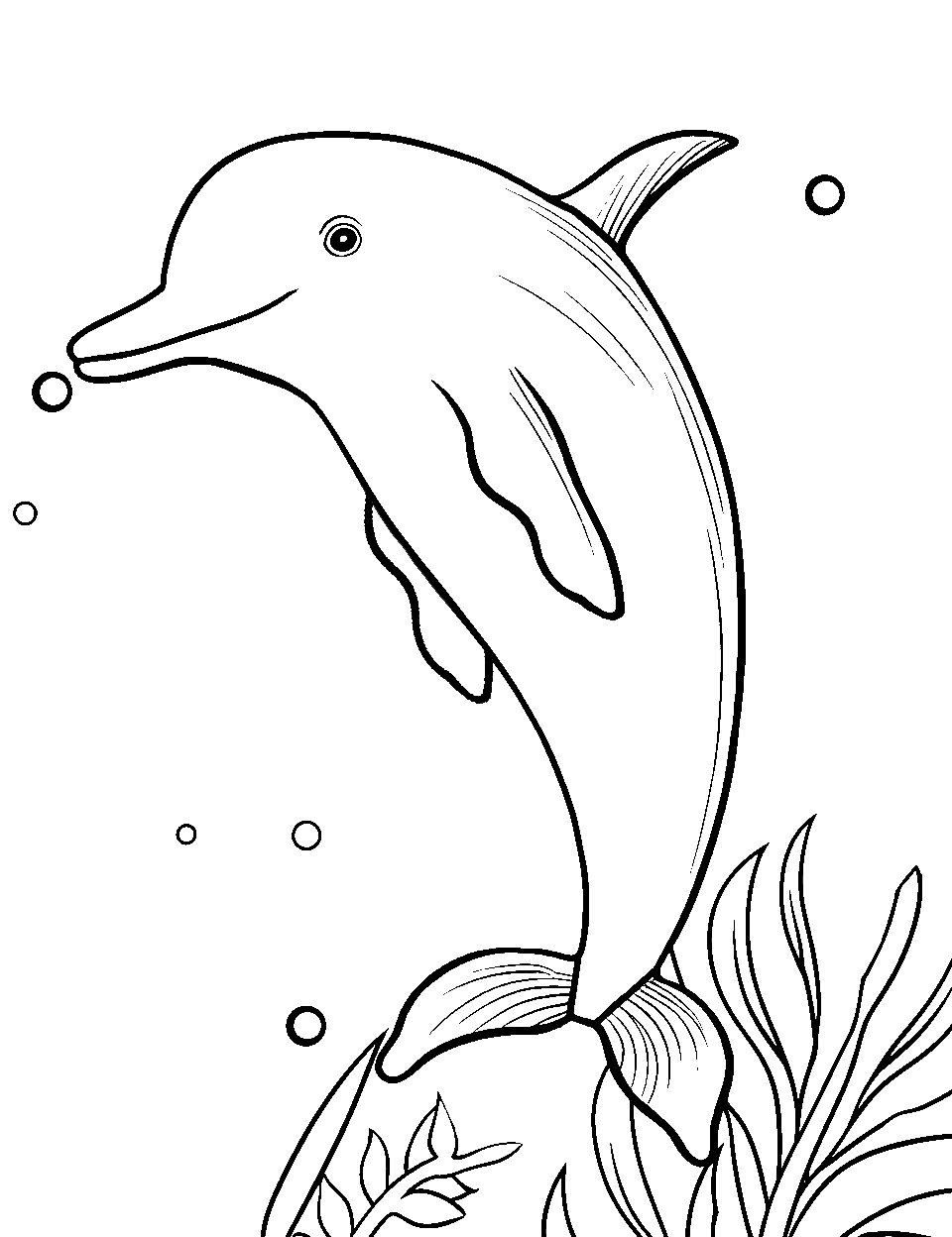 Easy to Color Dolphin in the Deep Coloring Page - An easy-to-color dolphin gently striking a pose in the deep ocean.