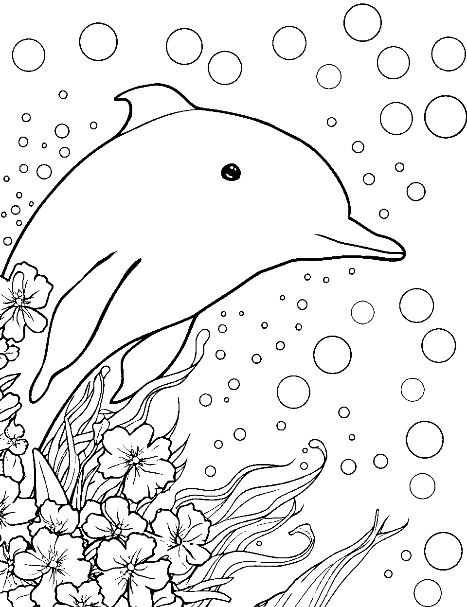 Dolphin Amidst Ocean Flowers Coloring Page - A dolphin is gently swimming through delicate ocean flowers.