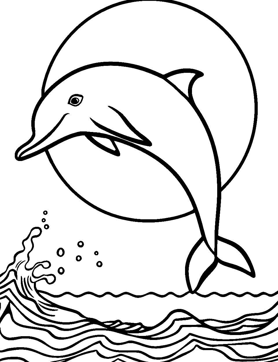 Sunset Dolphin Silhouette Coloring Page - The silhouette of a dolphin gracefully leaping against a vividly colorful sunset.