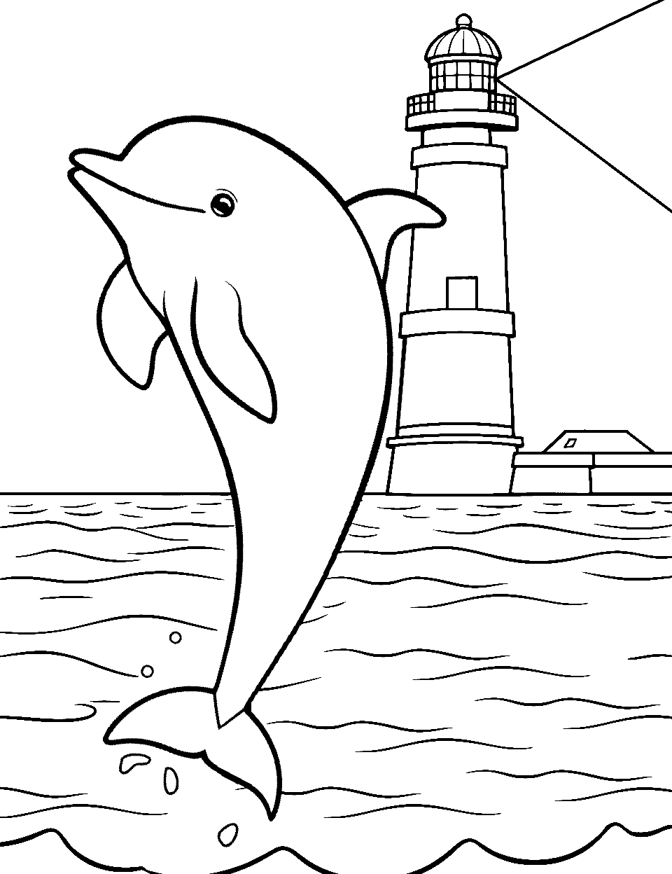 Dolphin Beside the Lighthouse Coloring Page - A dolphin jumping out from the ocean with a simple, distant lighthouse in the backdrop.