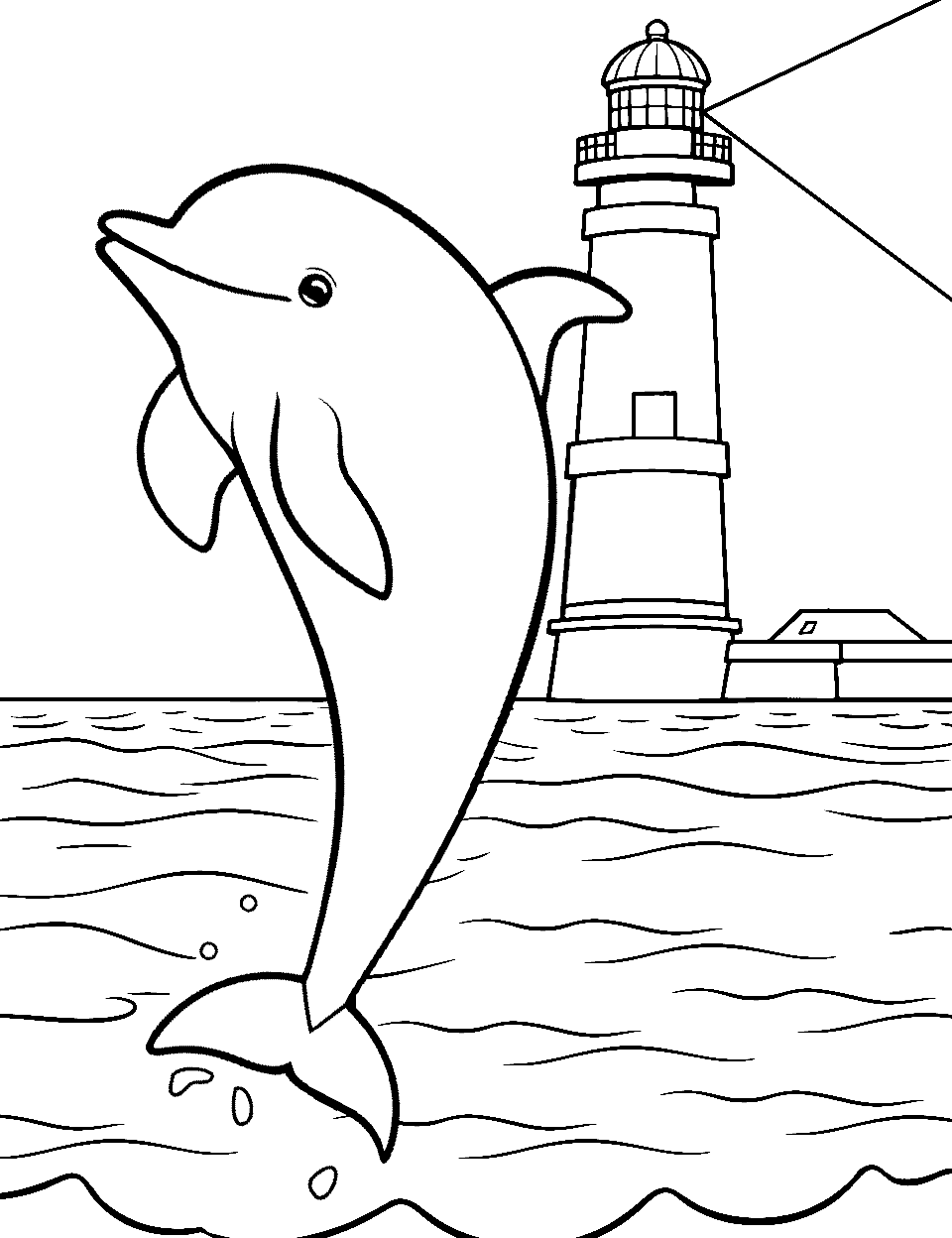 Dolphin Beside the Lighthouse Coloring Page - A dolphin jumps out from the ocean with a simple, distant lighthouse in the backdrop.