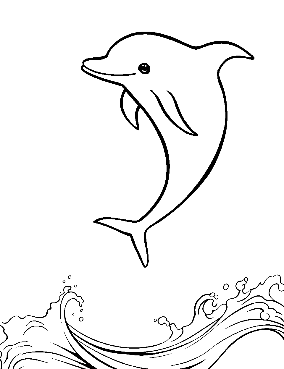 Adventurous Jumping Dolphin Coloring Page - A lively dolphin leaping in the midst of dynamic yet simplistic ocean waves.