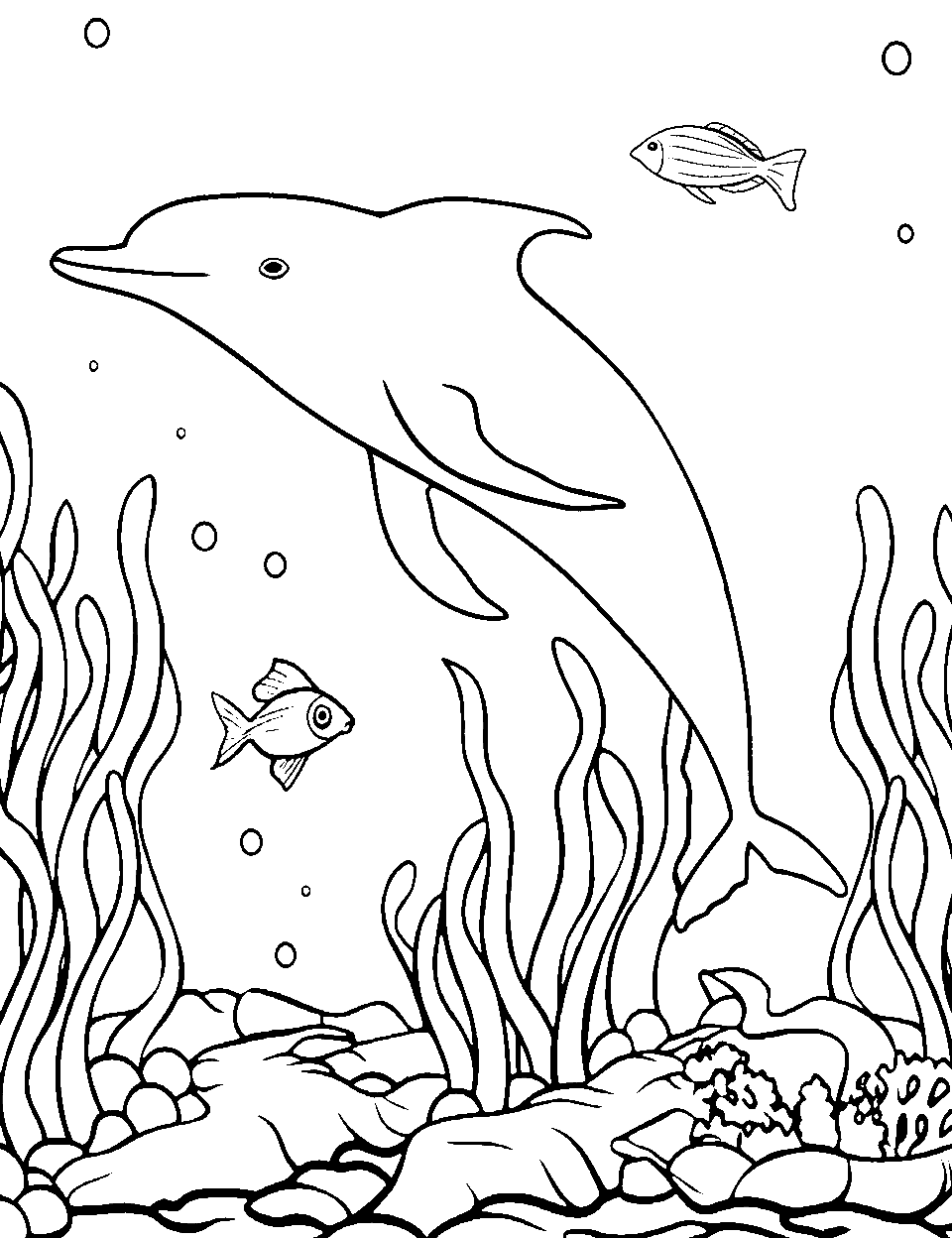 Dolphin Among Sea Weeds Coloring Page - A dolphin gently swimming amidst tall seaweeds on the ocean floor.