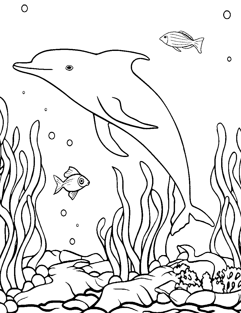 Dolphin Among Sea Weeds Coloring Page - A dolphin is gently swimming amidst tall seaweeds on the ocean floor.