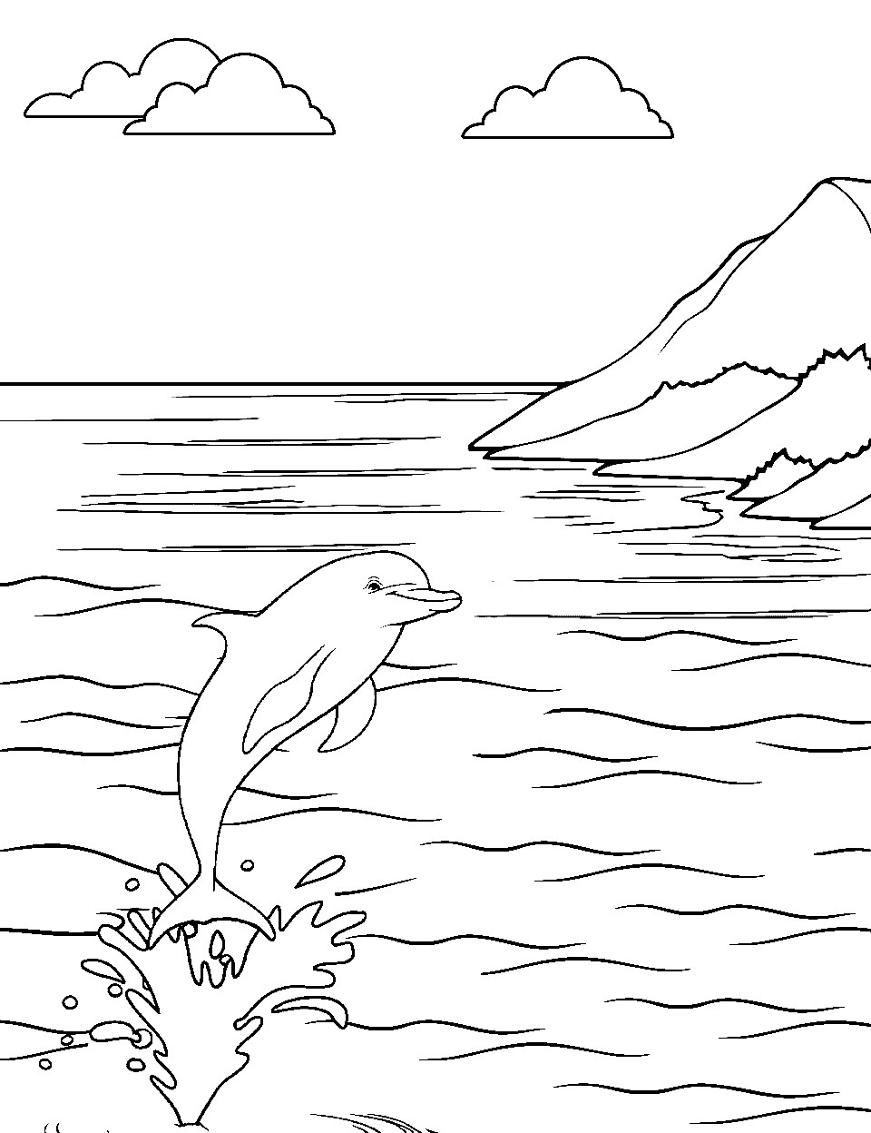 Gentle Dolphin in the Bay Coloring Page - A solitary dolphin calmly jumps from a secluded bay surrounded by soft hills.