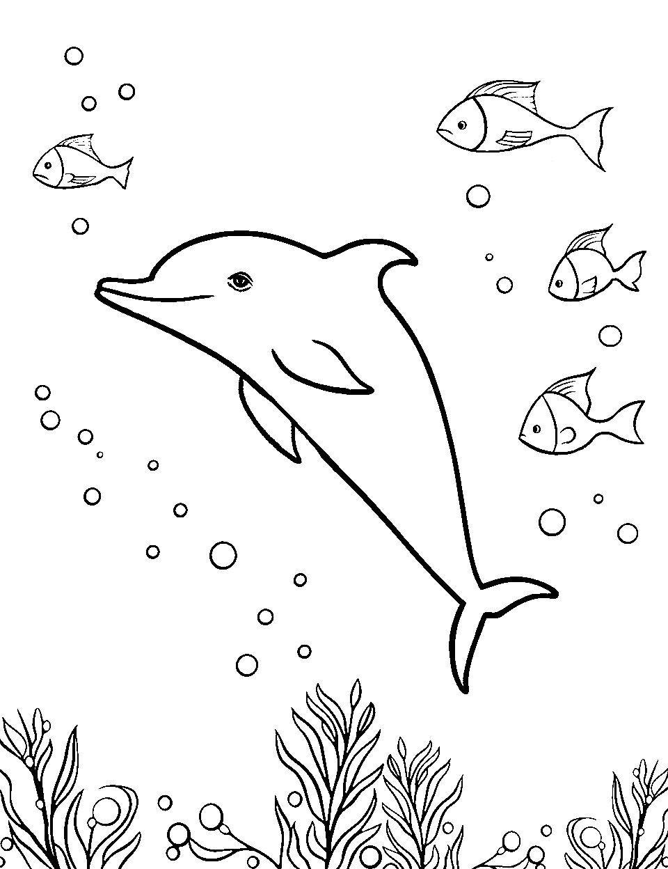 Dolphin and Tropical Fish Coloring Page - A dolphin gently interacts with a school of simplistic, colorful tropical fish.