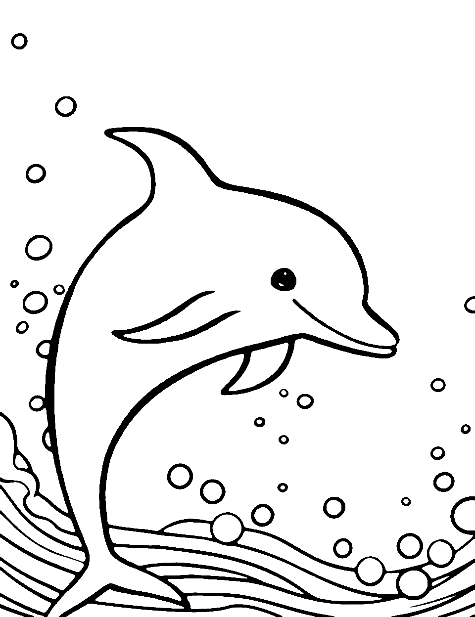 Preschool Dolphin Fun Coloring Page - A simple yet adorable dolphin, perfect for preschoolers to color, surrounded by minimal ocean waves.