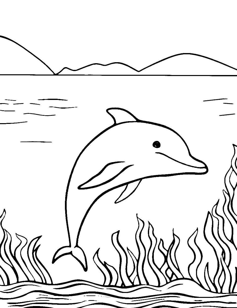 Dolphin in the Shallow River Coloring Page - A river dolphin gracefully cruising in a gentle, flowing river surrounded by soft riverbanks.
