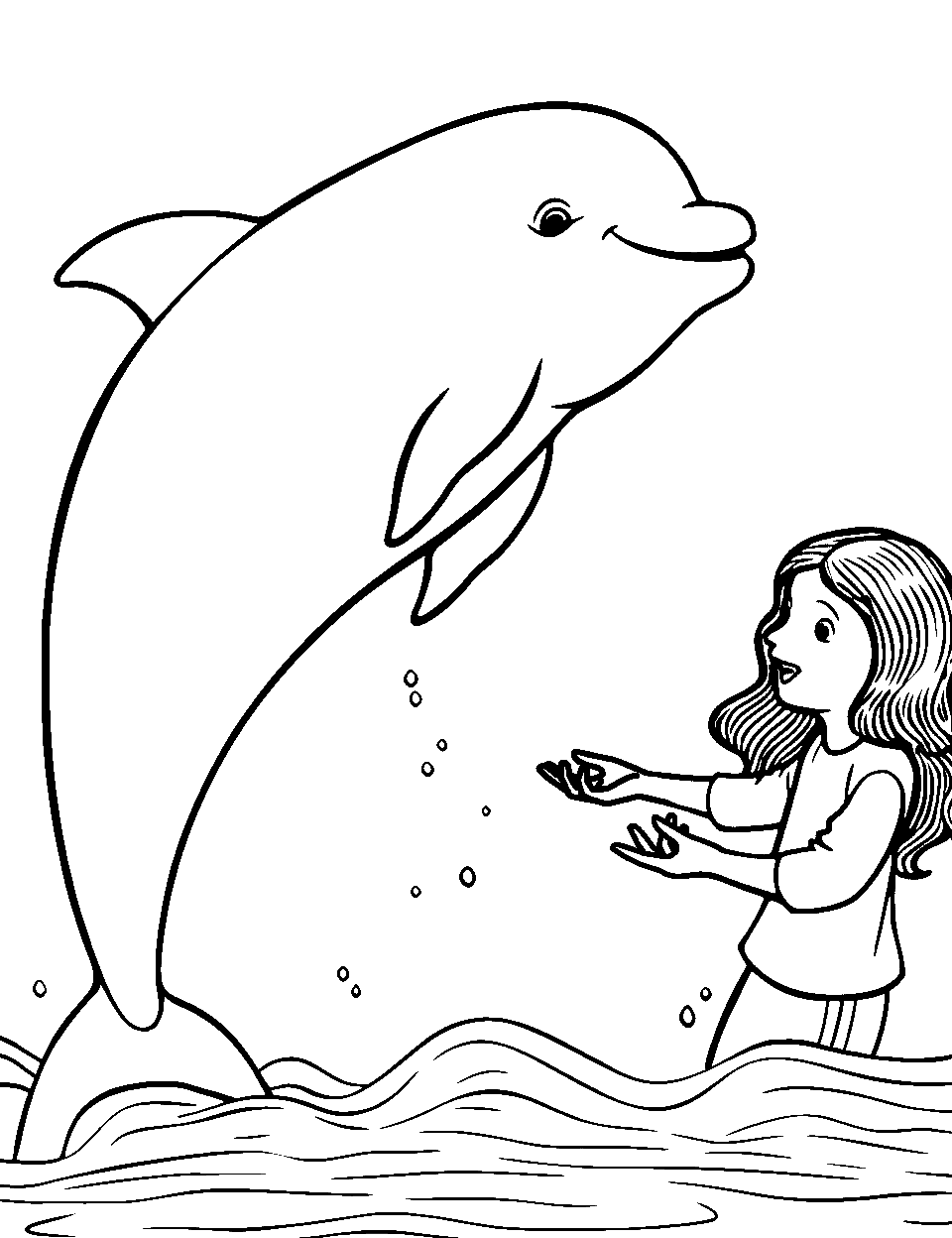 Girl and Dolphin Bond Coloring Page - A little girl gently welcomes friendship with a dolphin.