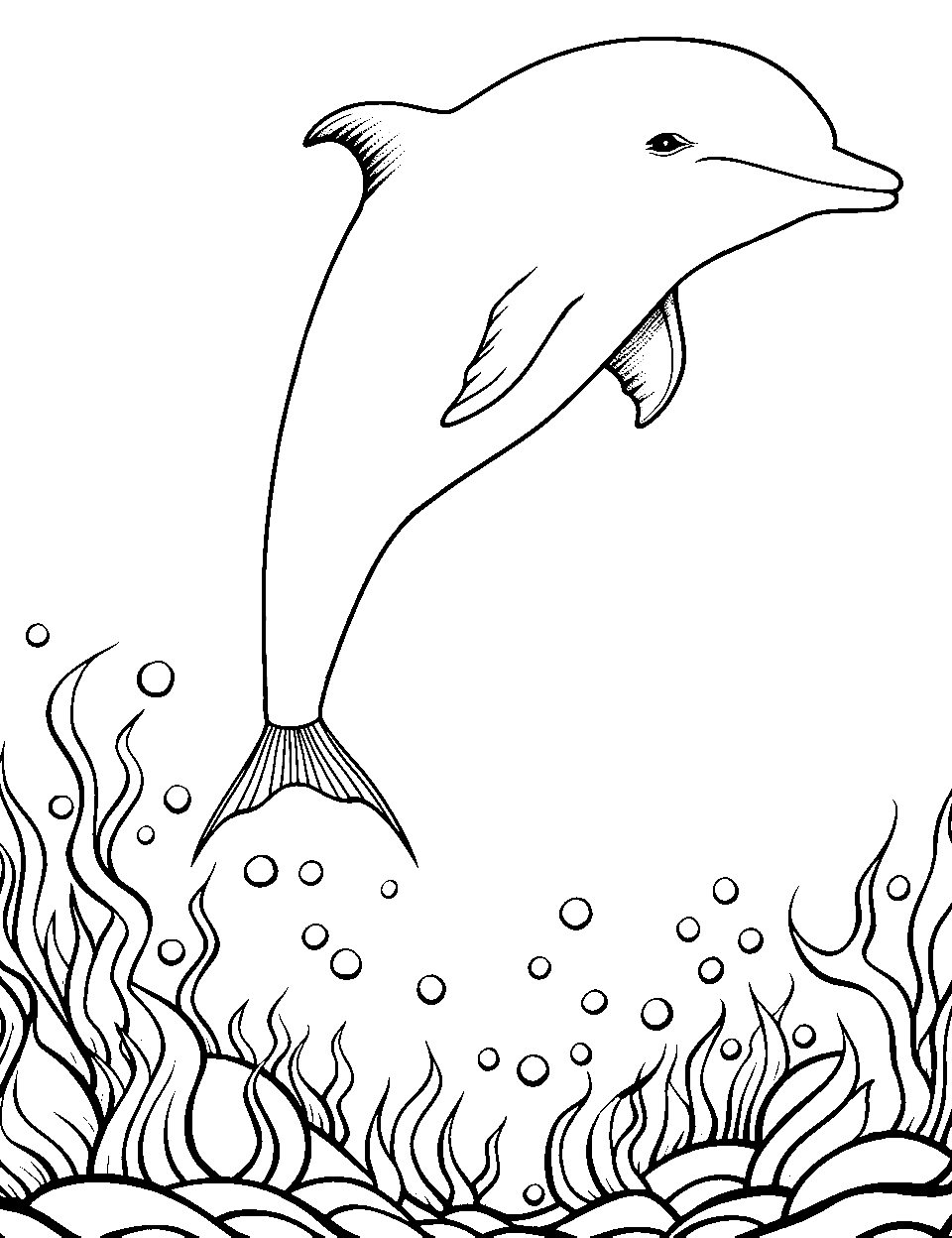 A Tale of a Dolphin Coloring Page - A dolphin with a unique tail, swimming near the ocean bottom floor with seaweeds around.