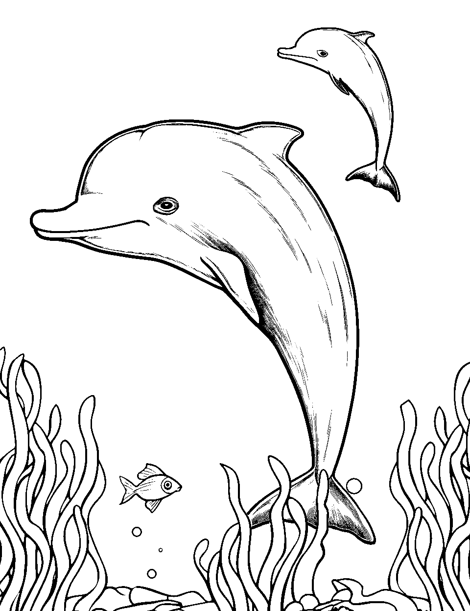 Underwater Dolphin Family Coloring Page - A mother dolphin and her baby swimming together.