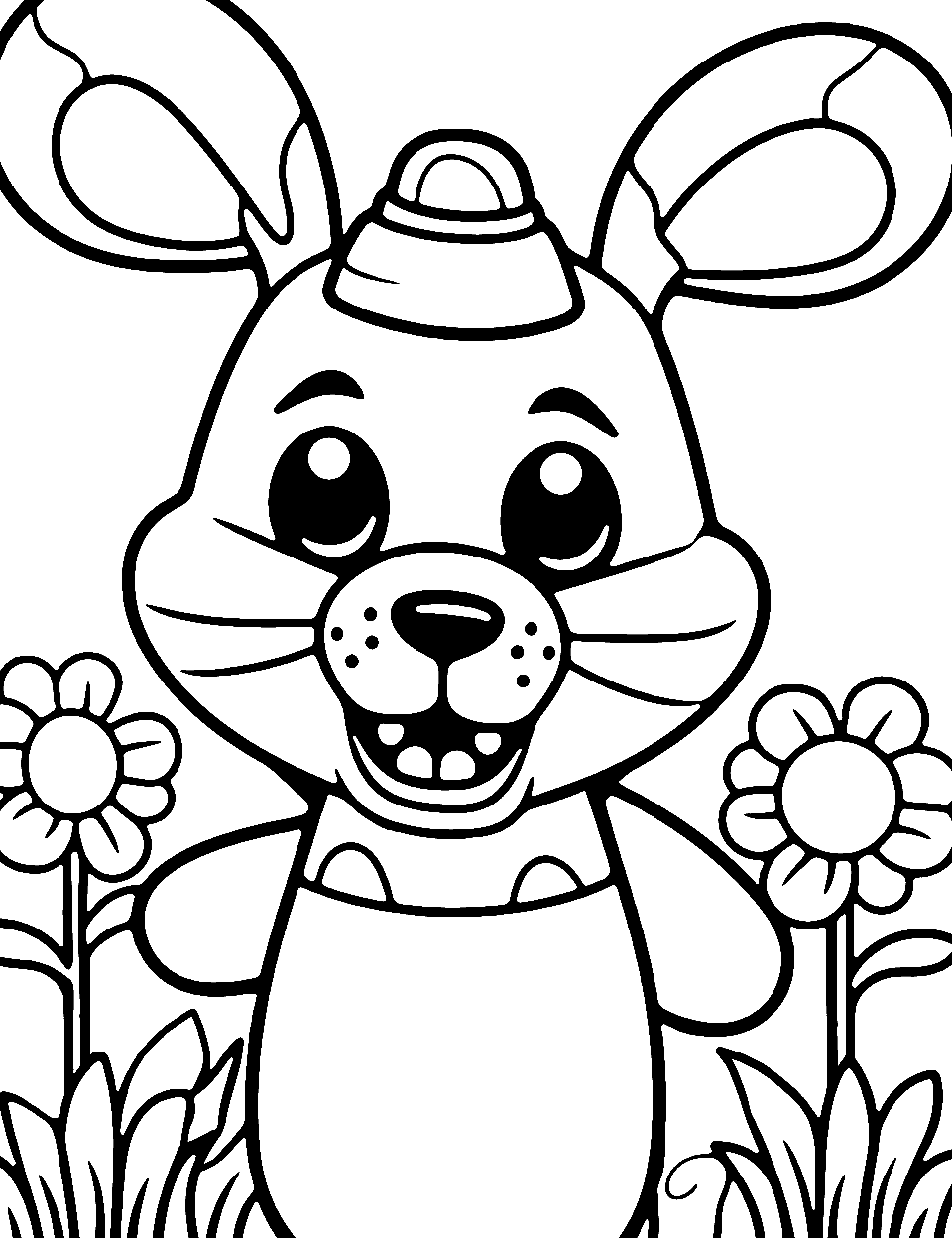 Spring Bonnie Five Nights at Freddys Coloring Page - Spring Bonnie in a meadow with simple flowers.