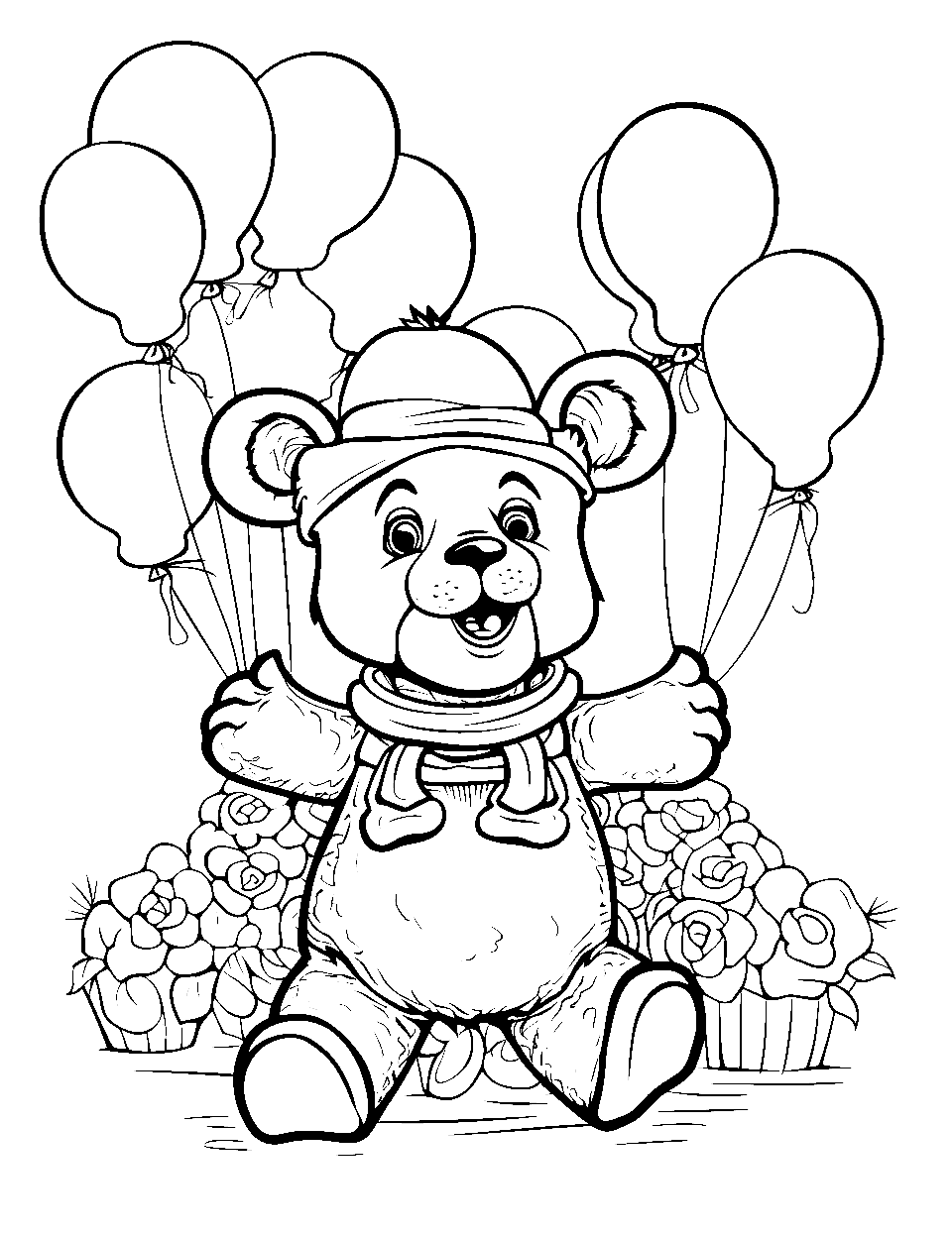 Freddy Bear’s Balloon Party Five Nights at Freddys Coloring Page - Freddy Dressed as a normal bear surrounded by colorful balloons in a playful environment.