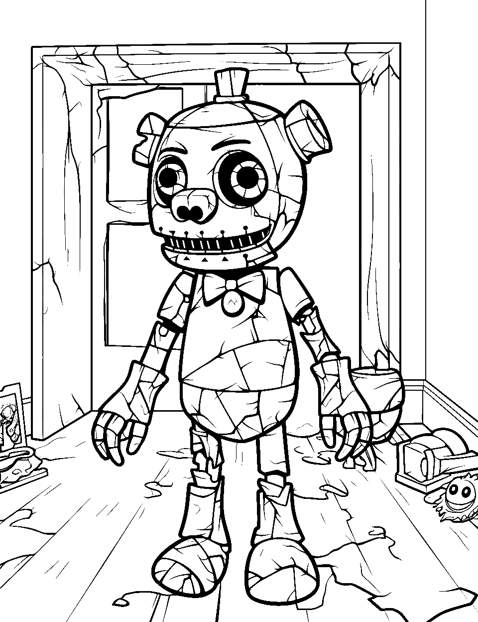 Withered Animatronic Five Nights at Freddys Coloring Page - A withered animatronic character looking lost in an abandoned room.