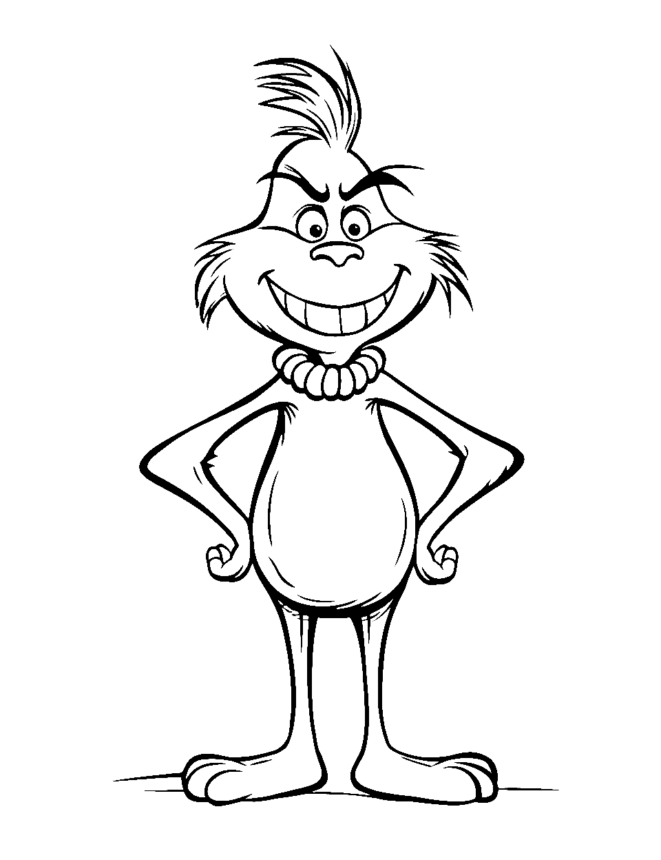Grinch’s Mischievous Smile Coloring Page - The Grinch is sporting a mischievous smile, thinking about stealing Christmas with his hands on his hips.