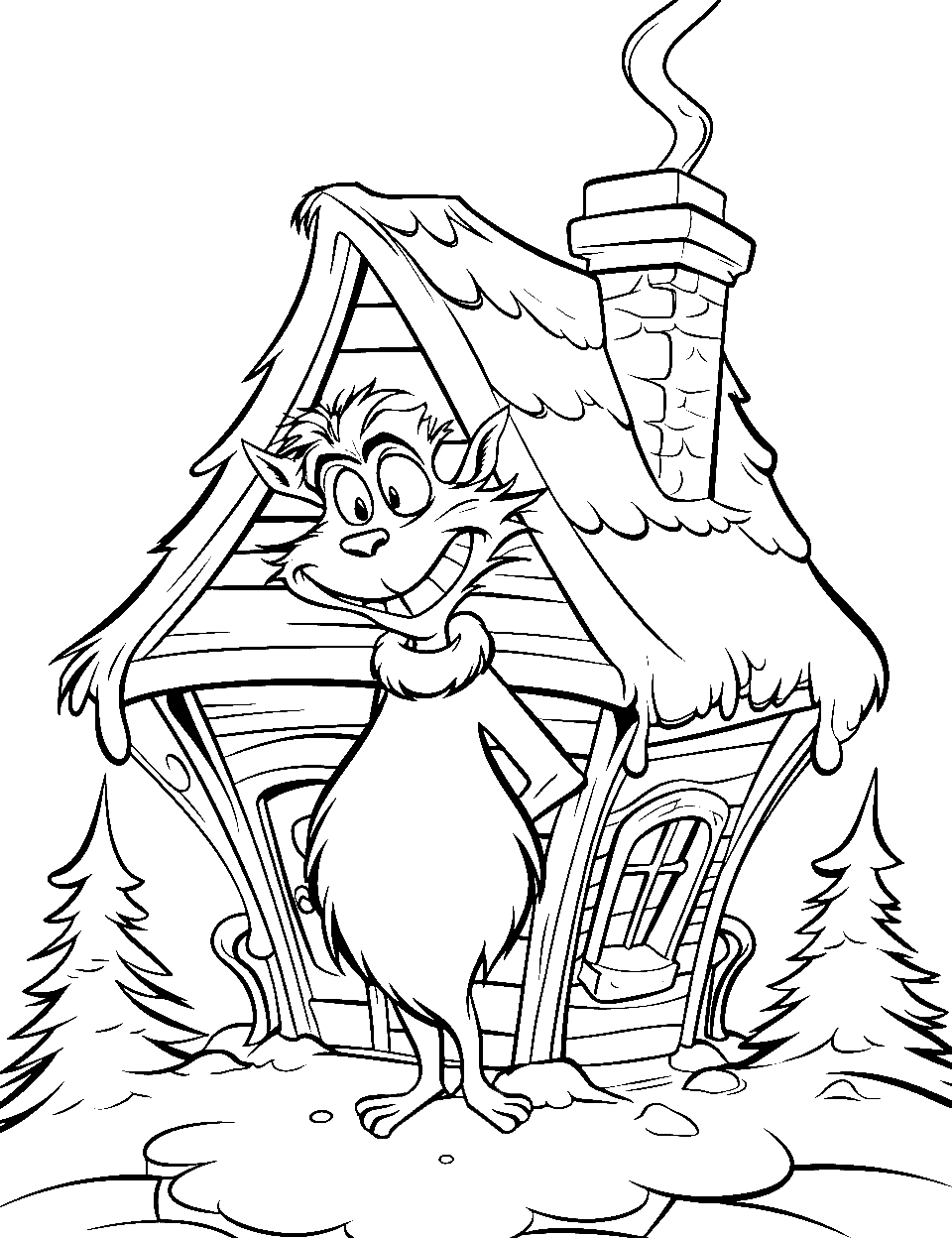 Grinch’s House Coloring Page - The Grinch is standing in front of his house on a snowy day.