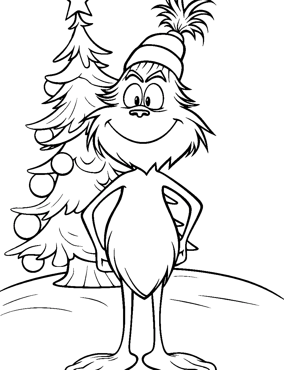 Christmas Tree Grinch Coloring Page - The Grinch is standing near a Christmas tree.
