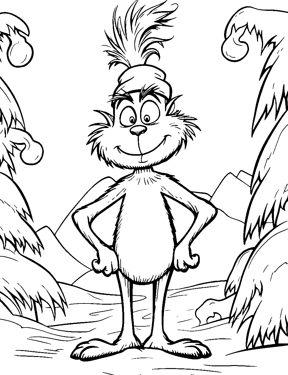 Grinch’s Winter Wonderland Coloring Page - The Grinch is out for a stroll on a cold winter night.