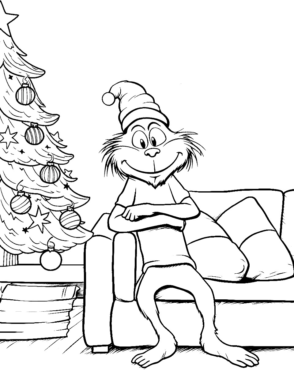 Christmas Morning Grinch Coloring Page - The Grinch is sitting on a couch casually on Christmas morning.