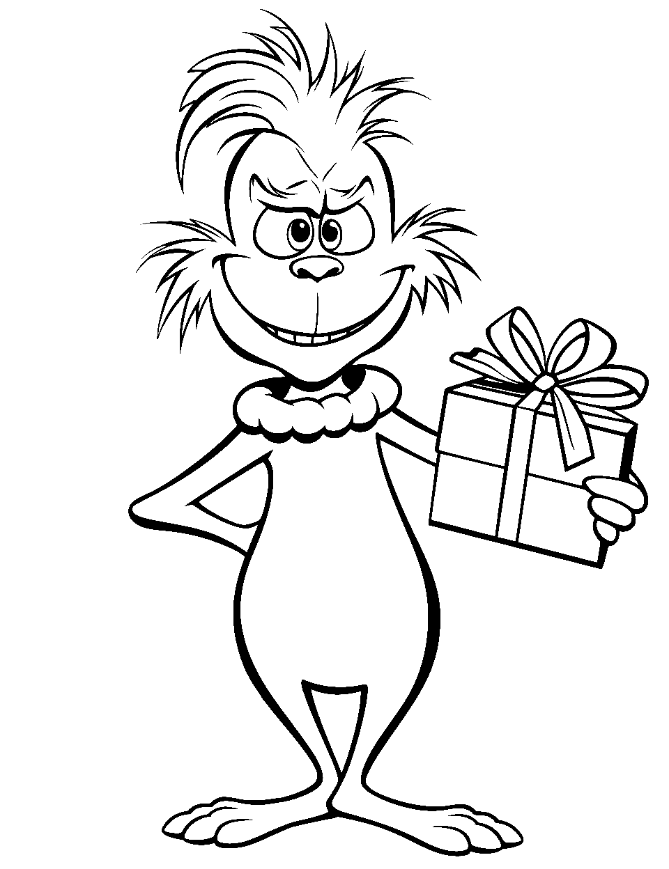 Grinch’s Christmas Gift Coloring Page - The Grinch is holding a wrapped gift with a bow on top.