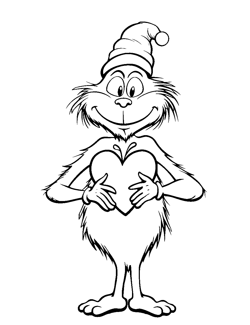 Grinch’s Big Heart Grinch Coloring Page - The Grinch is holding a heart-shaped gift with a joyous expression.