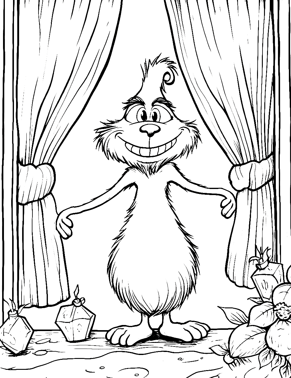 Winter Window Peek Coloring Page - The Grinch in front of a frosty window on Christmas day.