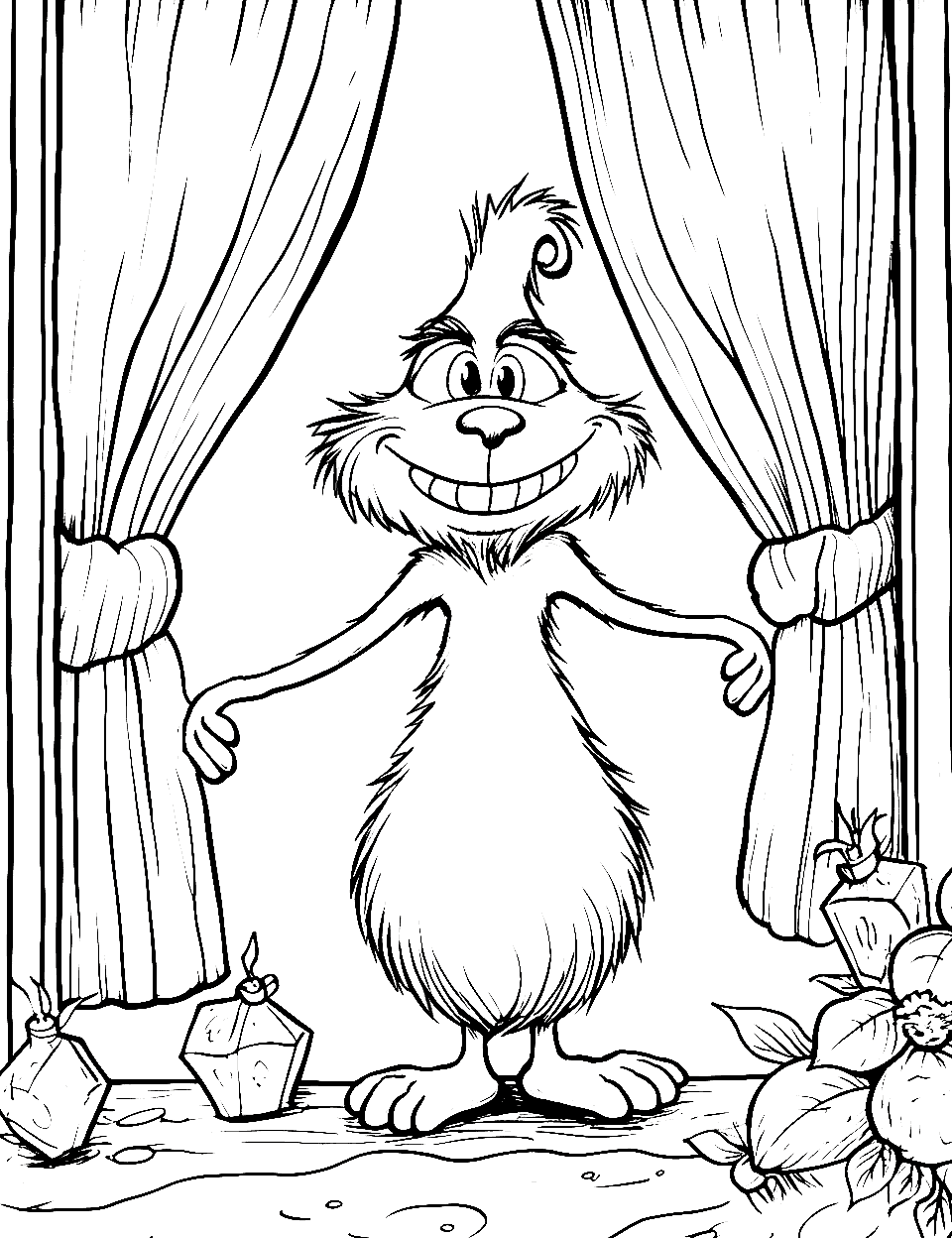 Winter Window Peek Grinch Coloring Page - The Grinch in front of a frosty window on Christmas day.