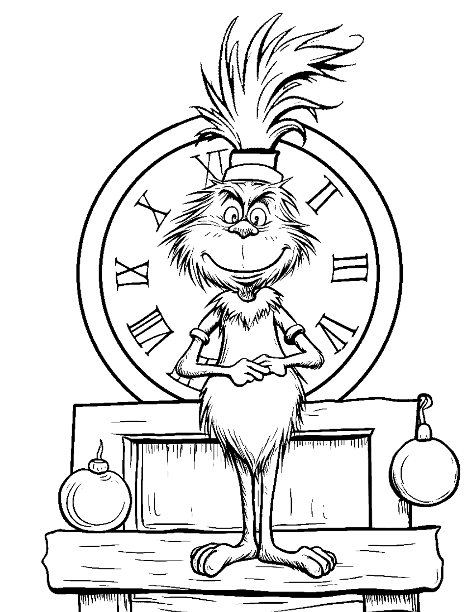 Christmas Eve Anticipation Coloring Page - The Grinch in front of a huge clock, waiting for Christmas Eve.