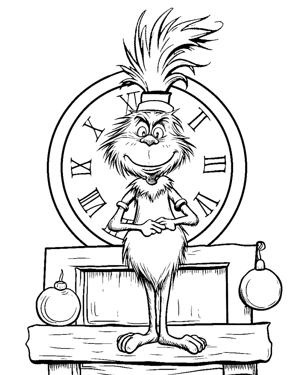 Christmas Eve Anticipation Grinch Coloring Page - The Grinch is in front of a huge clock, waiting for Christmas Eve.