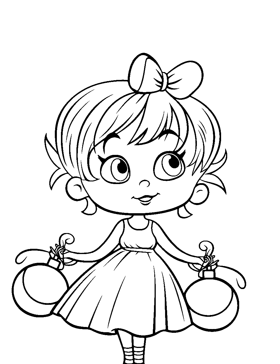 Cindy Lou Who’s Sweet Pose Grinch Coloring Page - Cindy Lou Who standing sweetly with a Christmas ornament in her hand.