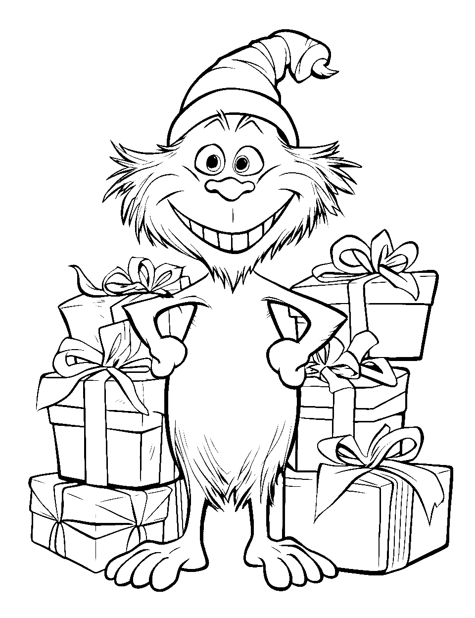 Gift Filled Surprise Coloring Page - The Grinch with tons of gifts ready for handouts.