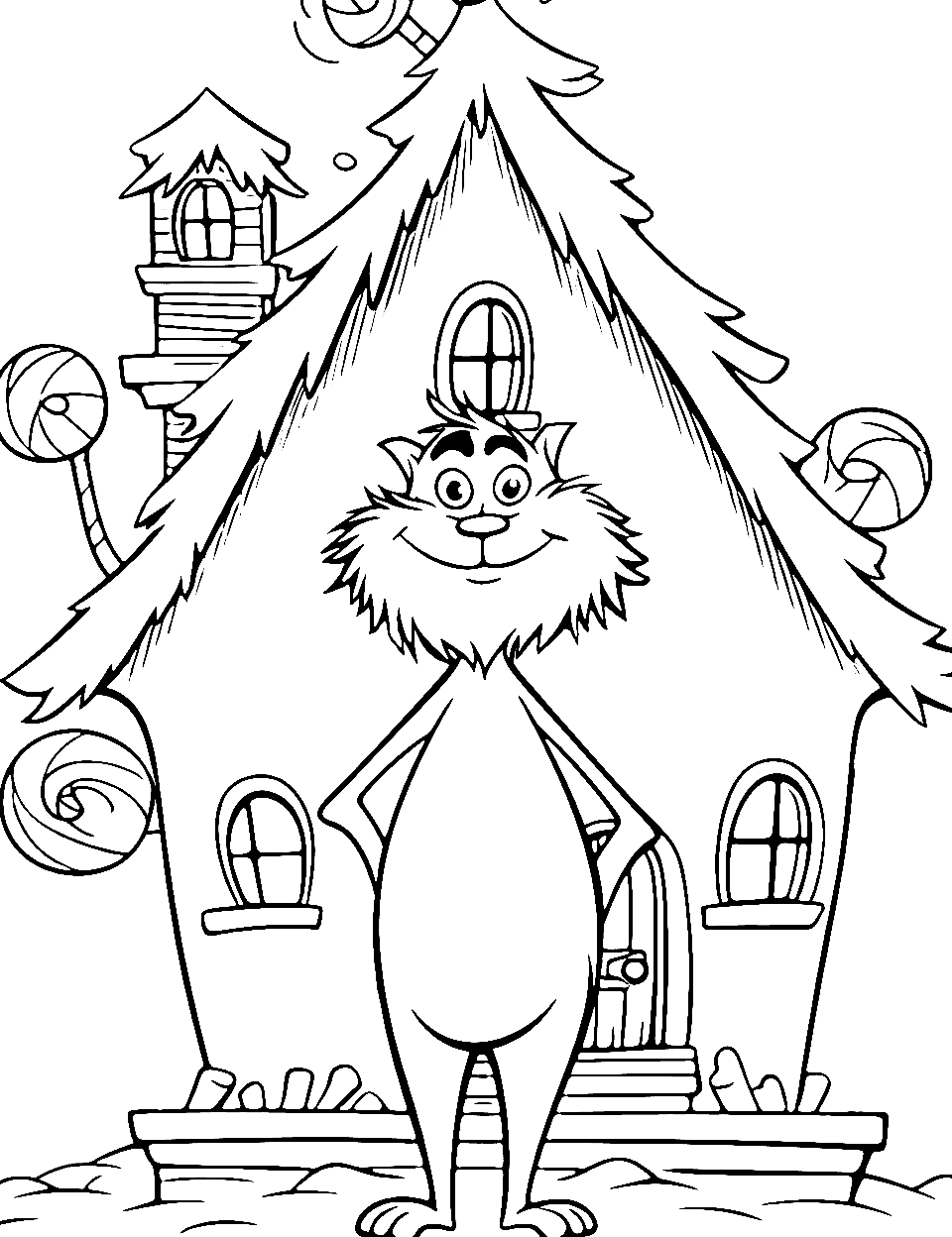 Gingerbread House Grinch Coloring Page - The Grinch in front of a gingerbread house with made with candies.