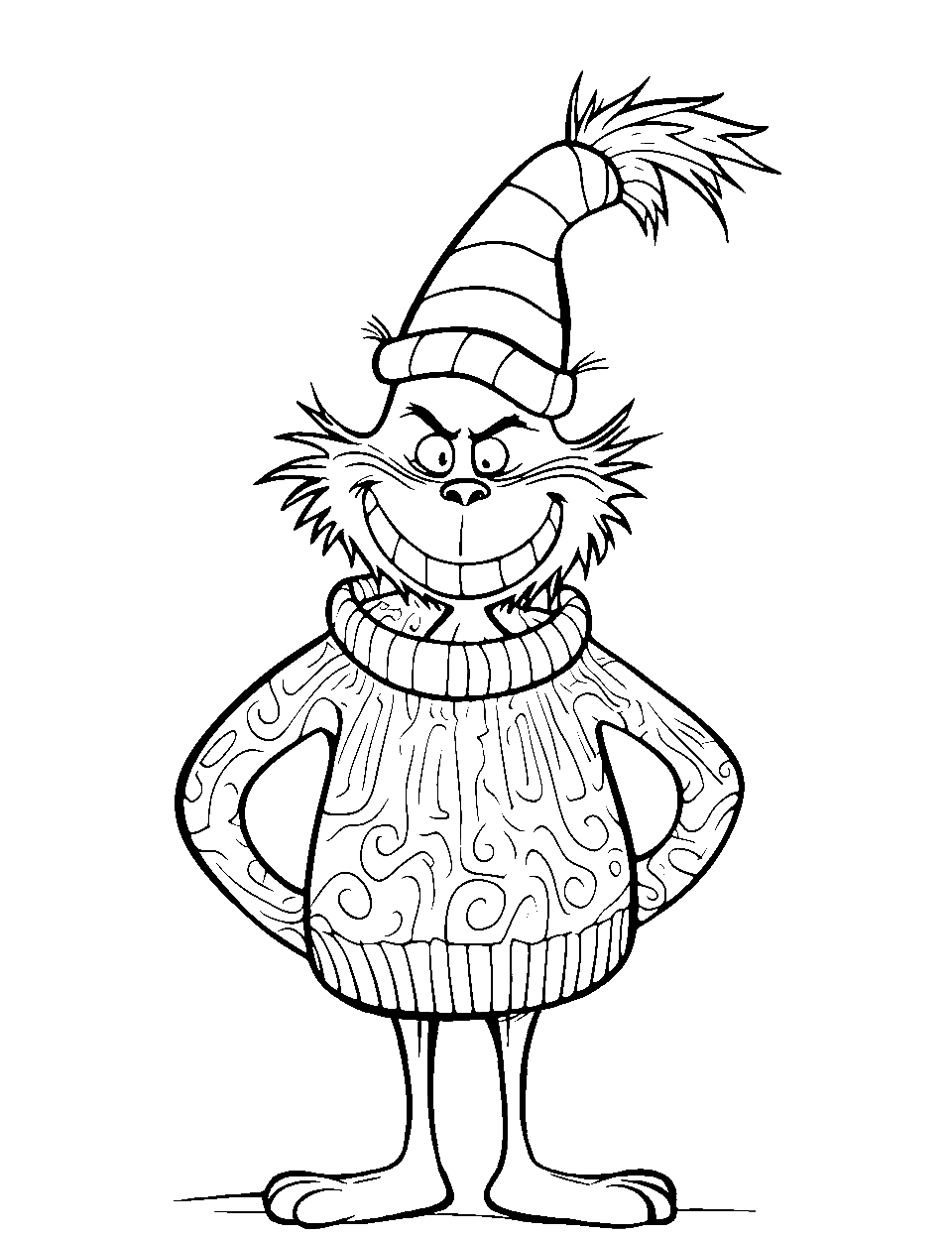 Festive Sweater Wearing Coloring Page - The Grinch is wearing a festive Christmas sweater.