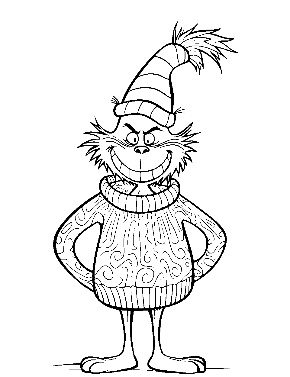 Festive Sweater Wearing Grinch Coloring Page - The Grinch is wearing a festive Christmas sweater.