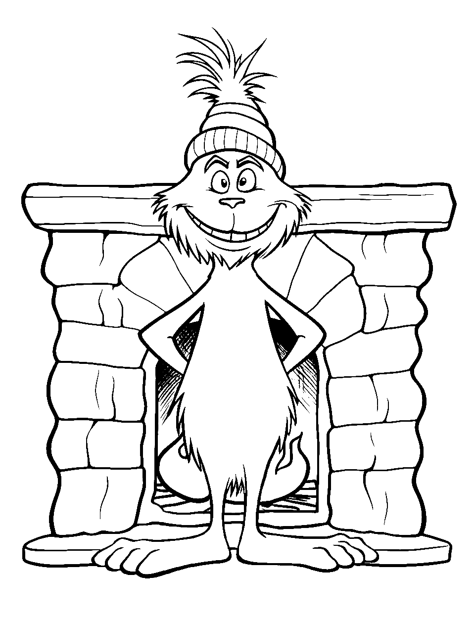 Grinch's and Fireplace Coloring Page - The Grinch standing by a fireplace on a cold winter night.