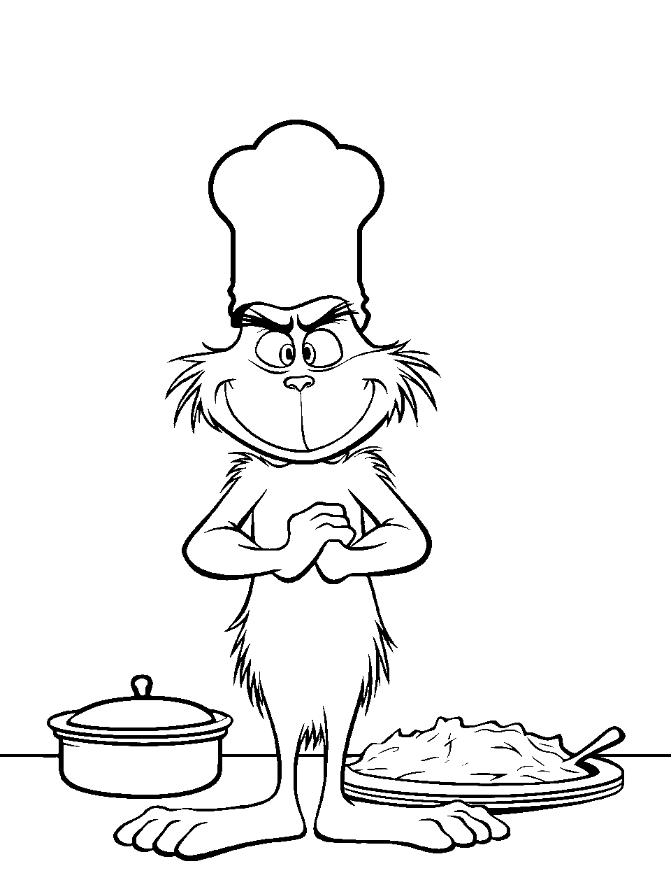 Holiday Cooking Time Coloring Page - The Grinch is baking cookies in a kitchen with a chef’s hat on.