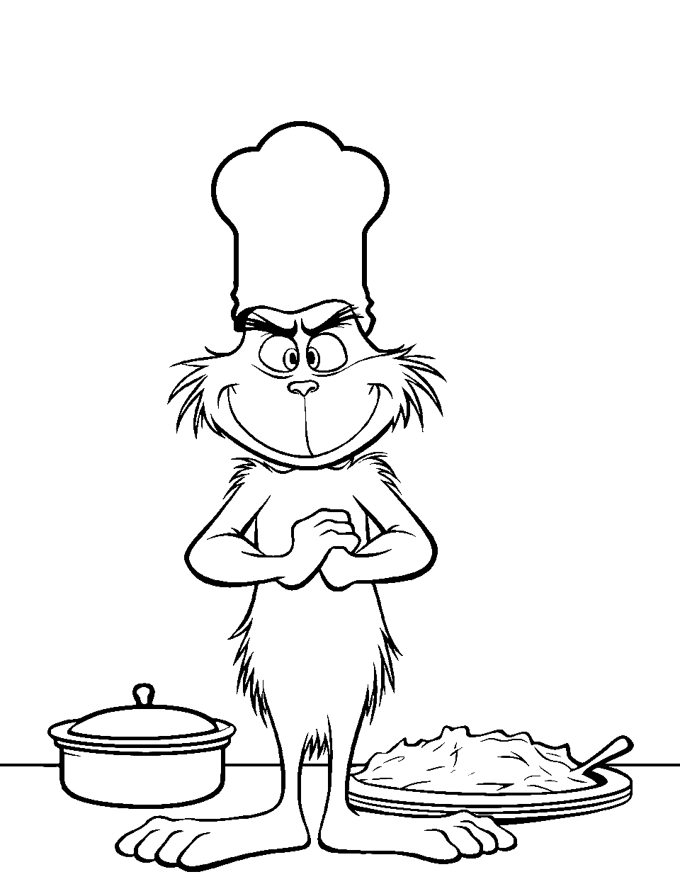 Holiday Cooking Time Grinch Coloring Page - The Grinch is baking cookies in a kitchen with a chef’s hat on.