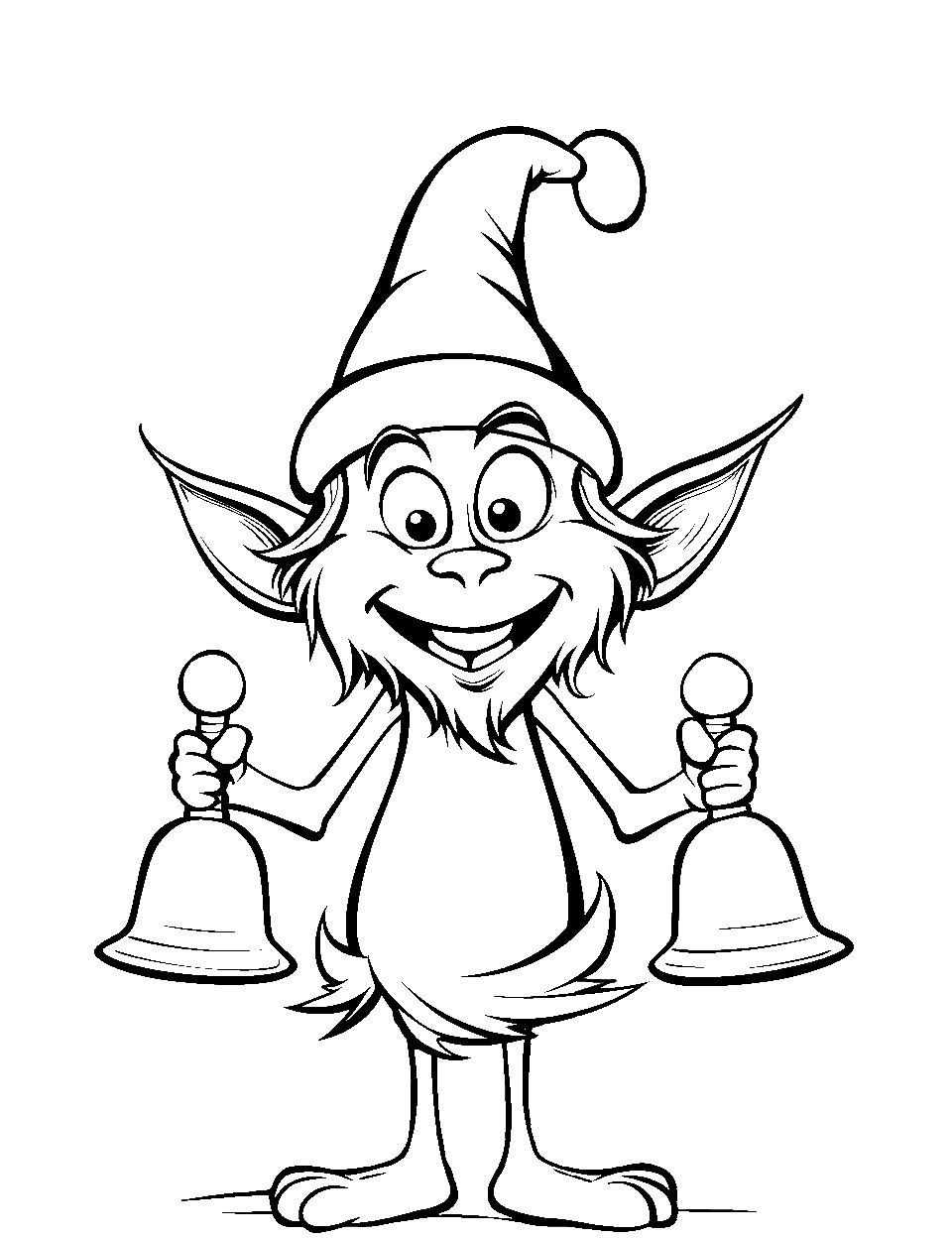 Sleighbell Ringing Grinch Coloring Page - The Grinch’s Minion is ringing a sleigh bell with a smile on his face.