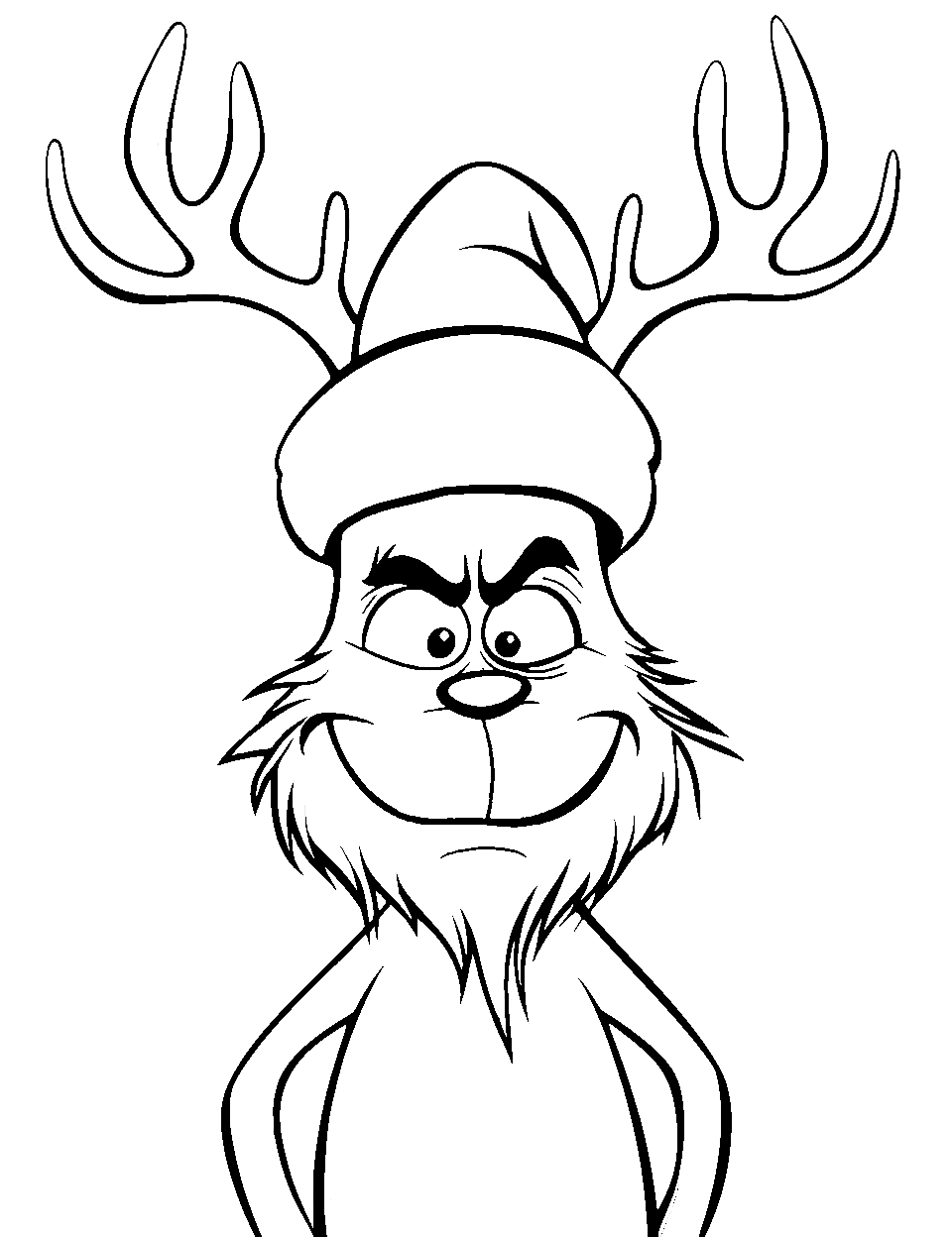 Grinch Wearing Reindeer Hat Coloring Page - The Grinch is wearing a hat with reindeer antlers.
