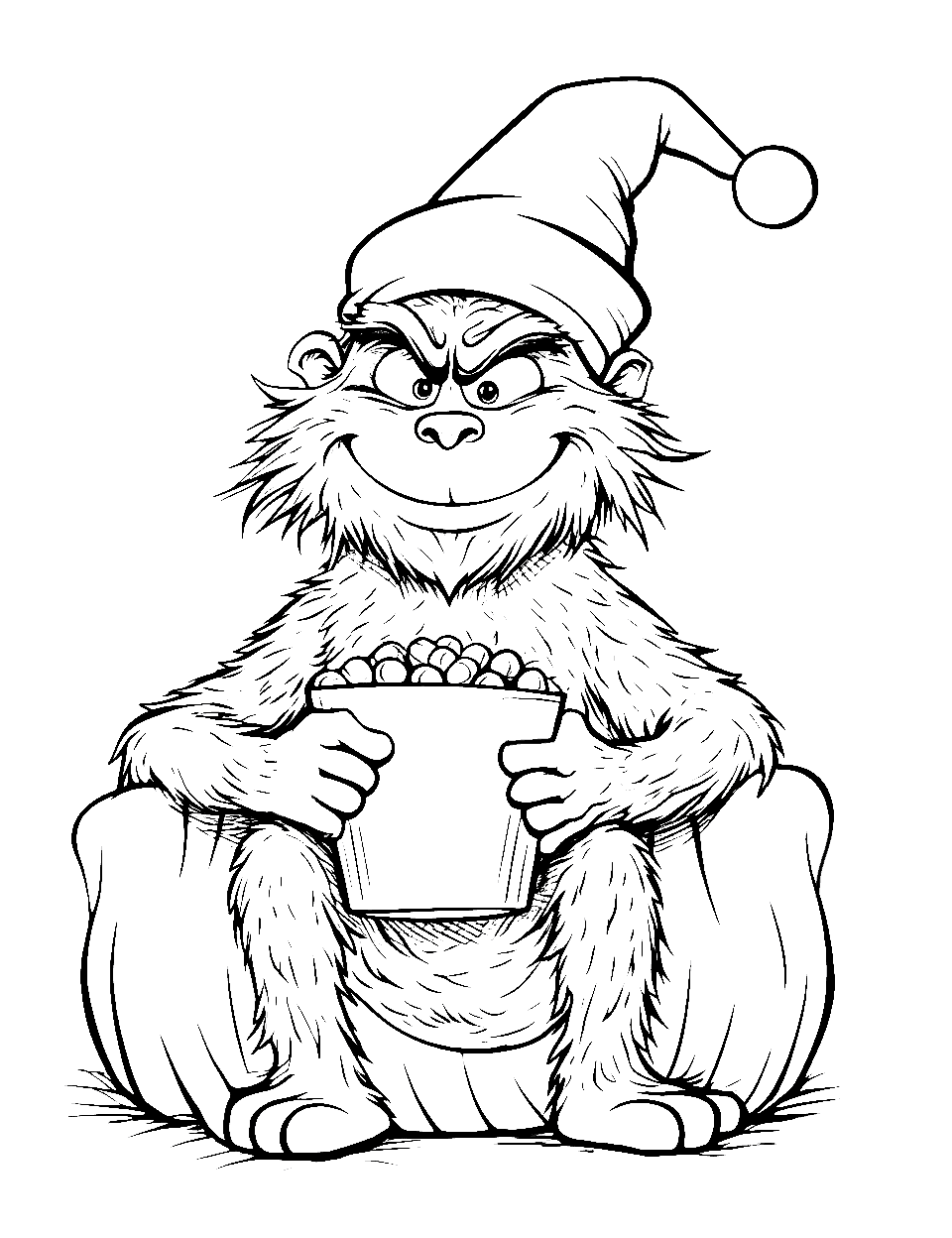 Holiday Movie Watching Grinch Coloring Page - The Grinch is watching a holiday movie with a bowl of popcorn.